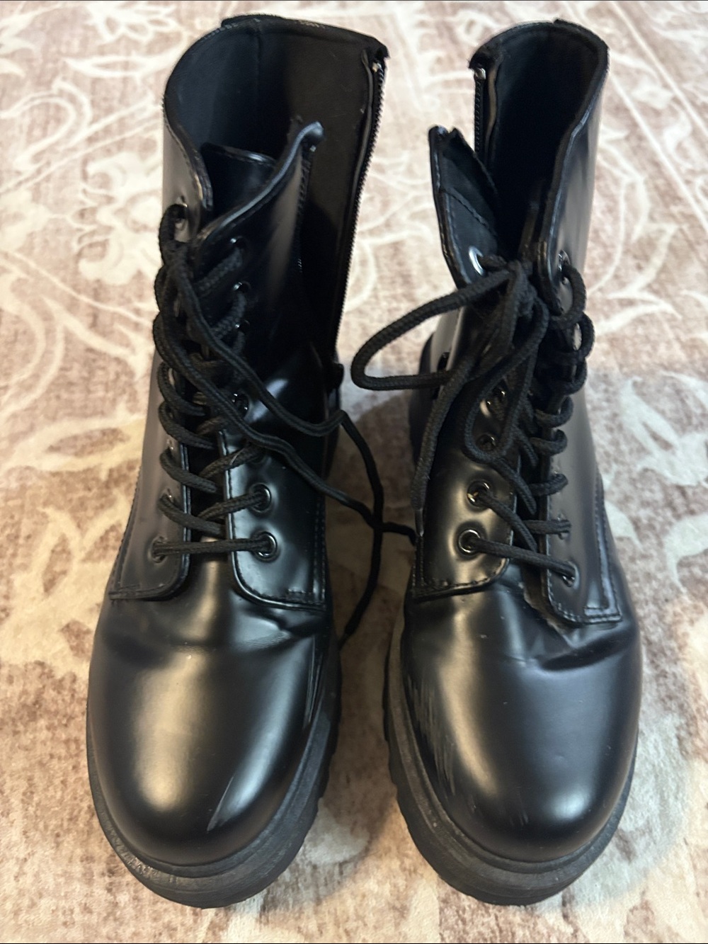 Qupid Black Lace-Up Combat Boots with Side Zipper